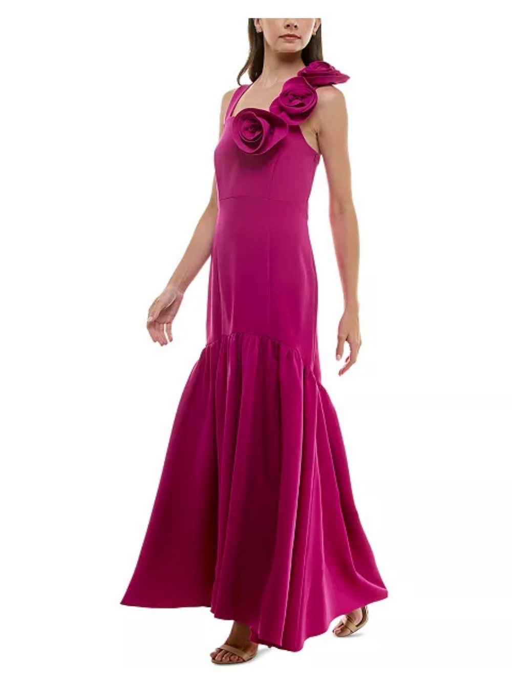 Taylor Fuchsia One-Shoulder Rose Appliqué Gown